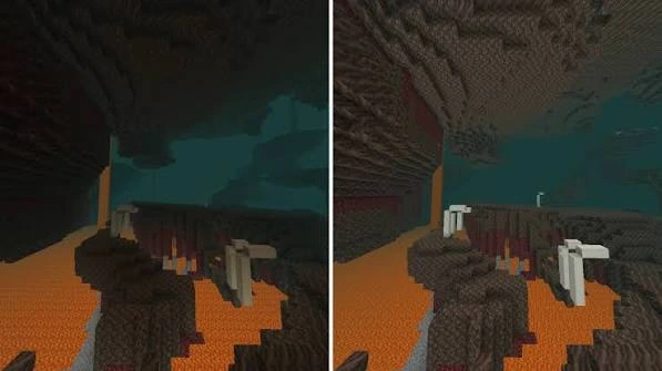 Minecraft cave before and after visibility comparison for Fullbright Mod