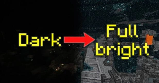 Fullbright Mod dark to full bright Minecraft comparison supplied for the download section